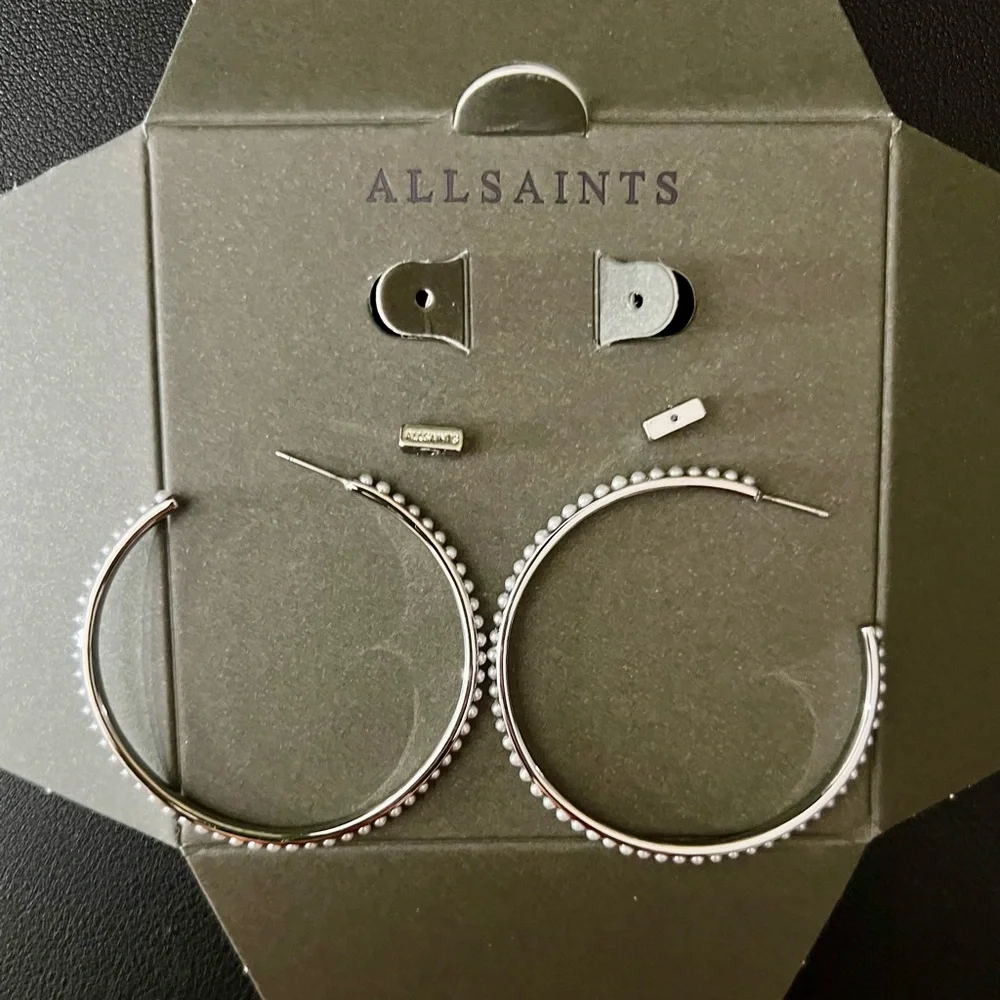ALLSAINTS Rhodium Faux Pearl Hoop Earrings - Picture 6 of 8